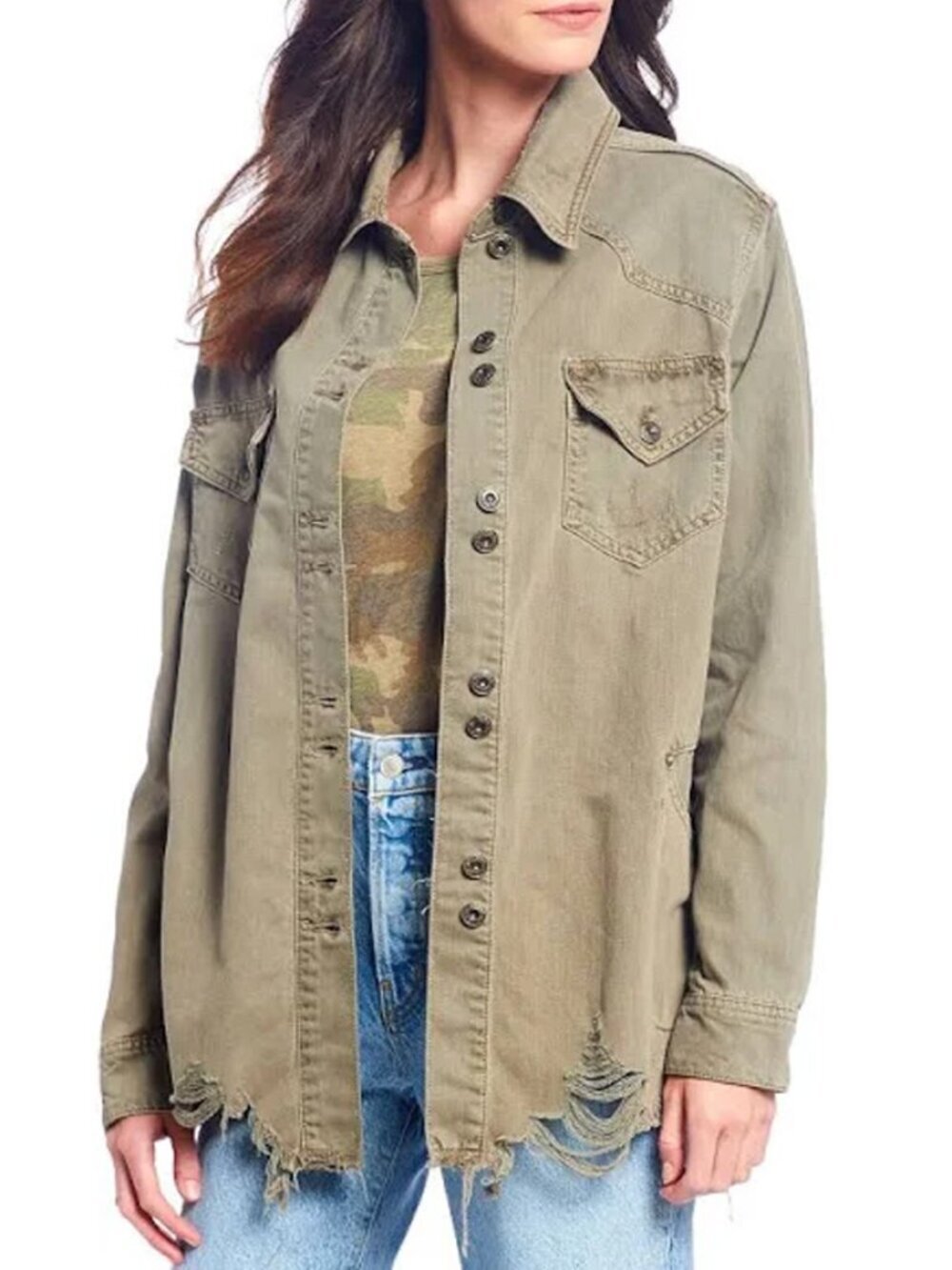 Free People Olive Distressed Cotton Denim Shirt Jacket Size S